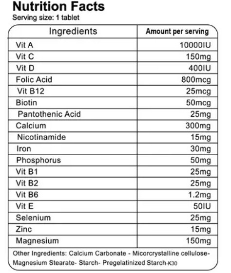 جدول ارزش غذایی قرص مولتی ویتامین مینرال نوتریمد